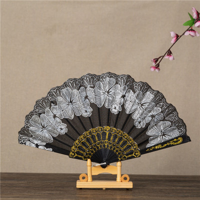 Foreign Trade Wholesale Black Stick Large Flower Fan Chinese Style Gold Powder Folding Gilding Multi-Color Spanish Printing Fan