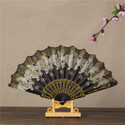 Foreign Trade Wholesale Black Stick Butterfly Fan Chinese Style Gold Powder Folding Bronzing Multi-Color Spanish Printing Fan
