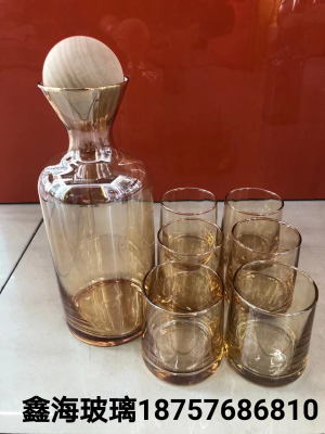 Straight Glass Bottle Ball Wooden Plug Cold Water Bottle Glass Jug Set Crystal Glass Pot with 6 Cups Water Cup Gift Box