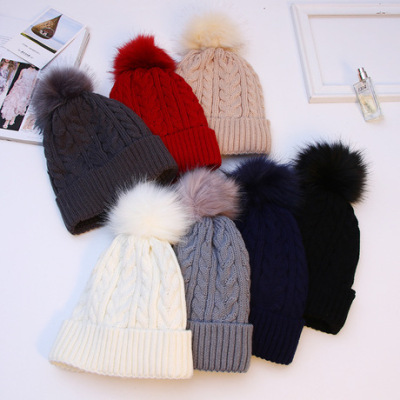 AliExpress Autumn and Winter Big Fur Ball Thickened Fleece Double Layer Wool Outdoor Keep Warm Knitted Hat Female in Stock Wholesale