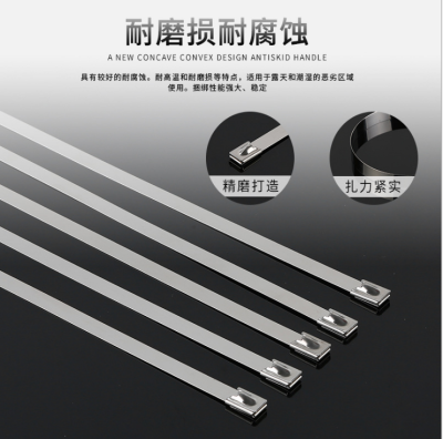 Manufacturer Shuangjun 304 Stainless Steel Ribbon Self-Locking 4.6x300 Marine Bridge White Steel Stainless Steel with Steel Cable Tie