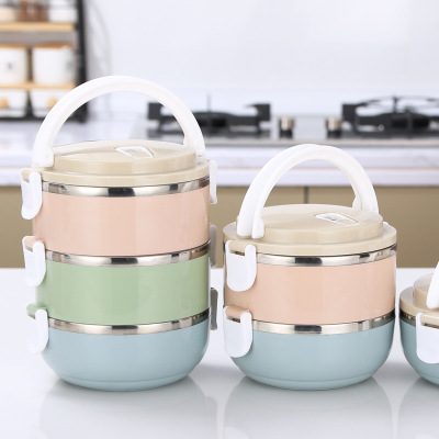 304 Thickened Stainless Steel Lunch Box Large Capacity Airtight round Multi-Layer Three-Layer Double-Layer Lunch Box with Lid