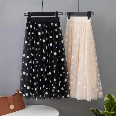 Women's Spring and Summer New Little Daisy Mesh Skirt Women's Three-Layer High Waist Pleated Small Mid-Length Pettiskirt