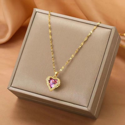 2021 New Ocean Heart Titanium Steel Necklace Female Fashionable Golden Luxury Clavicle Chain Colorful Zircon Pendant Ornaments