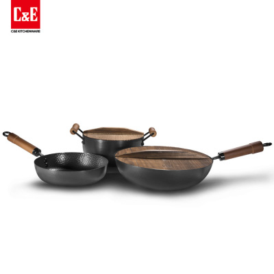 Three-Piece Forged Iron Pot Set Fried Wooden Lid Pot Frying Pan Soup Pot