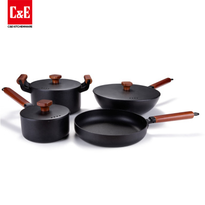 Iron Pan 4-Piece Set Coated Non-Stick Cast Iron Pan Frying Pan Wok and Soup Pot Milk Pot Set