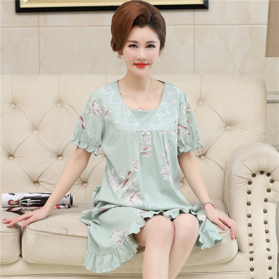 Middle-Aged and Elderly Nightdress Women's Pajamas Thin Short Sleeve Modal Cotton Silk Mid-Length over-the-Knee Mom's Homewear plus Size