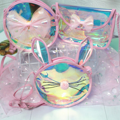 2021 Children's Princess Crossbody Shoulder Bag Iridescent Transparent Cartoon Cute Girl Baby Change Accessories Small Bag Fashion