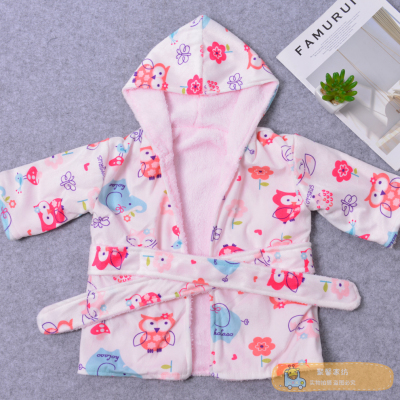 Cute Fresh Color Matching Children's Bathrobes Nightgown Home Wear Hooded Design Boys and Girls Cotton Water-Absorbing Quick-Drying Bathrobe