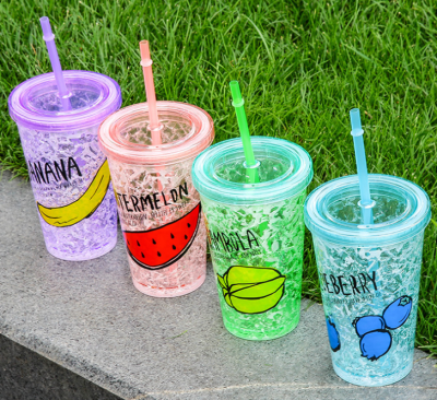 Summer Cup with Straw Student Double Layer Plastic Portable Water Cup Refrigeration Ice Cup Ice Crushing Ice Cup