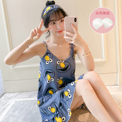 Slip Nightdress Women's Summer with Chest Pad Milk Silk Pajamas Cute Cartoon Strawberry Student Homewear Free Eye Mask