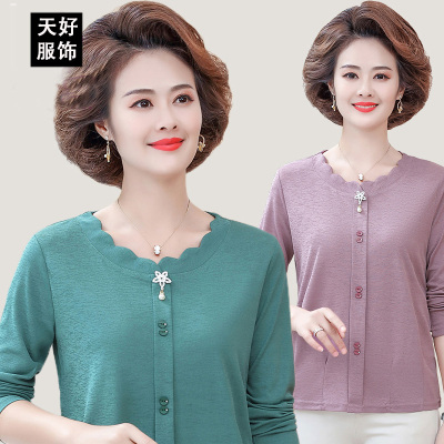 Clothing Mom's Top Autumn New Shirt Temperament Pure Color Large Size Middle-Aged and Elderly Women's Bottoming Shirt