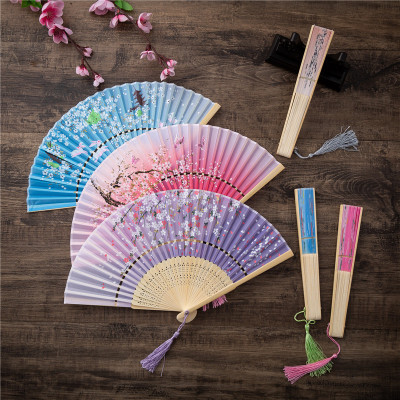 Erqing Smile Fan Double Section Silk Women's Folding Fan Summer Portable Compact Bamboo Fan Japanese Style Fan