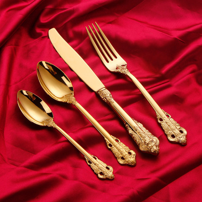 Cross-Border New Stainless Steel Tableware Knife and Fork Set Gold-Plated Royal Court Retro Embossed Court Steak Knife, Fork and Spoon