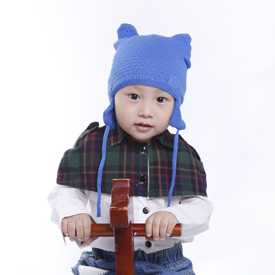 Spot Children's Small Ears Autumn and Winter Knitted Earflaps Cap Boys and Girls Baby Cute Keep Warm Pure Color Woolen Cap