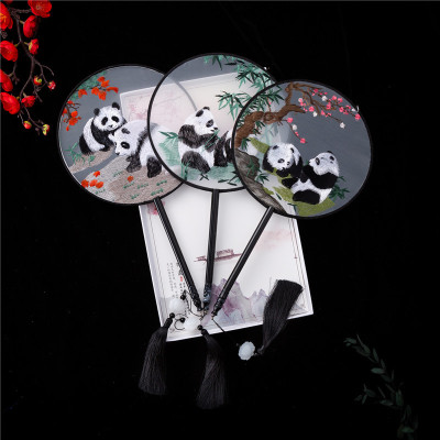 Circular Fan Double Sided Embroidery Classical round Fan Chinese Hanfu Ancient Style Long Handle Tassel Cheongsam Transparent Silk-like Dance Fan