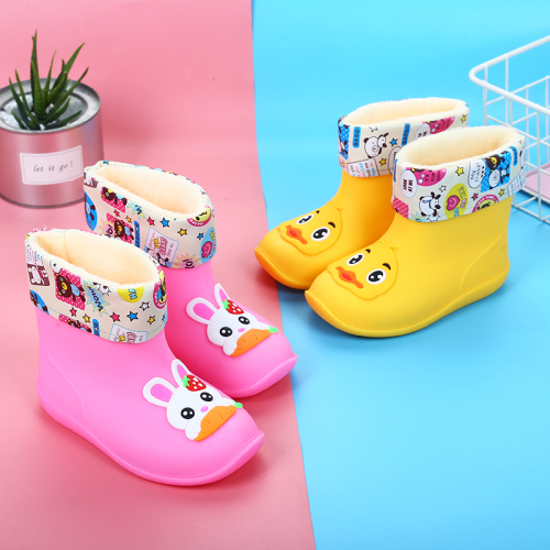 cute cartoon children‘s cotton-padded rain boots small yellow duck ufo raincoat matching rain boots cotton-padded non-slip waterproof rain boots