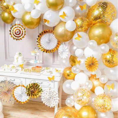 Luxury Birthday Party Arch Bridge Decoration Golden Paper Fan Shiny Metal Rubber Balloons