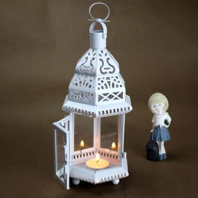 European Style Castle Classical Candlestick Hollow Iron Art Glass Lantern Moroccan Romantic Wedding Home Decoration Ornaments