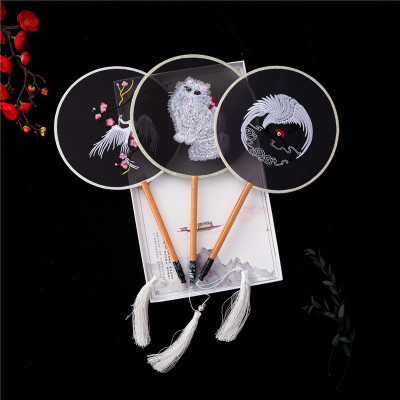 Circular Fan Embroidery Classical round Fan Chinese Hanfu Ancient Style Long Handle Tassel Cheongsam Crane Transparent Silk-like Dance Fan