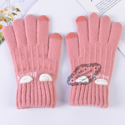 Touch Screen Gloves Women's Winter Fleece Lined Padded Warm Keeping Korean Style Cute Student Cartoon Cold-Proof Knitted Plush Gloves