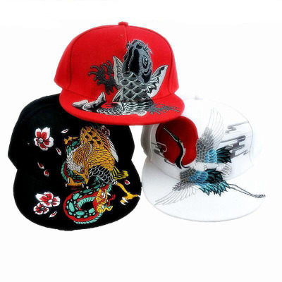 Wholesale Chinese Style Trendy Adjustable Crane Embroidered Baseball Cap Hip-Hop Street Dance Cap Flat-Brimmed Cap Men and Women Fashion Hat