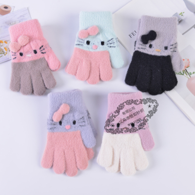 Children's Woolen Five-Finger Gloves Cute Plush Five-Finger Middle and Big Children Primary School Students Gloves Thick Keep Warm Elastic Good