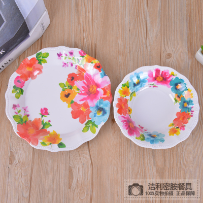 2021 New Melamine Tableware Spring Flower Bowl Plate Ruffled round Fruit Plate Dim Sum Plate Cold Dish Salad Dish