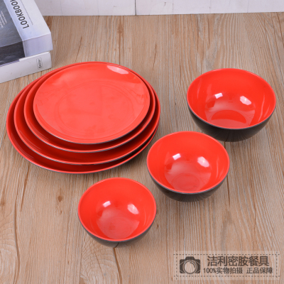 Melamine Two-Color in Black and Red Commercial Plastic Noodle Bowl Melamine Tableware Imitation Porcelain Spicy Hot Pot Bowl Plate Breakfast Bowl Porringer