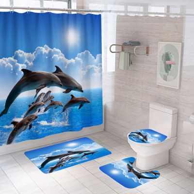 Cross-Border Shower Curtain Jumping Dolphin Shower Curtain Set Digital Printing Polyester Shower Curtain Punch-Free Bathroom Curtain Partition Shower Curtain