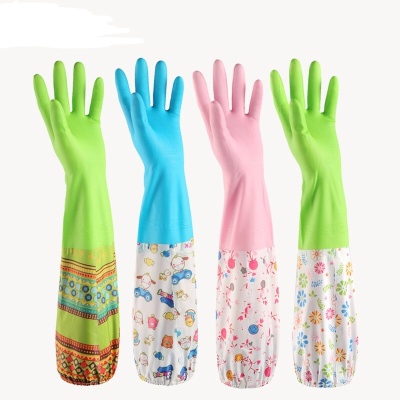 Fleece-Lined Thickened Dishwashing Gloves Waterproof Rubber Laundry PVC Pu Sleeve Plastic Kitchen Household Gloves