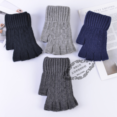 Half Finger Gloves Boys Winter Thermal Knitting Wool High School Student Writing Office Typing Half Autumn and Winter