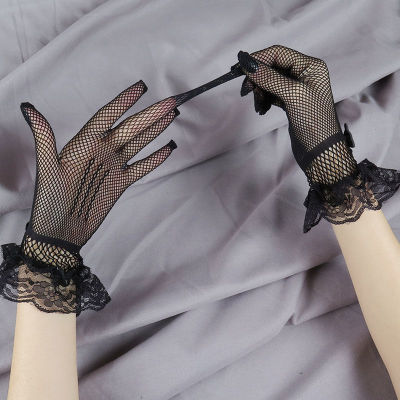 Thin Mesh Gloves Women Hollow out Sexy Black Elastic Lace Cheongsam Night Shanghai Dancing Performance