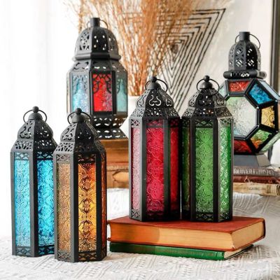 American Country Color Glass Lantern Candlestick Home Decoration Wrought Iron Candlestick Small Lantern Ornaments