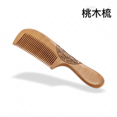 Factory Direct Sales Genuine Natural Log Material Peach Wooden Comb Double-Sided Carving Craft with Handle Making Comb