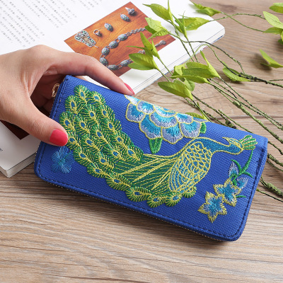 2021 New Yunnan National Style Long Clutch Peacock Double Sided Embroidery Women's Wallet Multi-Card-Slot Coin Purse