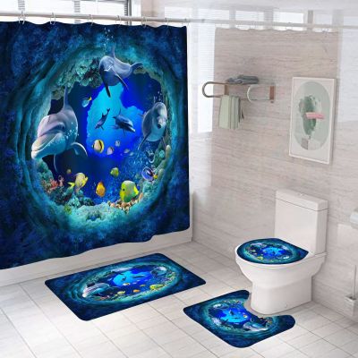 Best Seller in Europe and America Home Bathroom Waterproof Shower Curtain Dolphin Cave Shower Curtain Four-Piece Shower Curtain