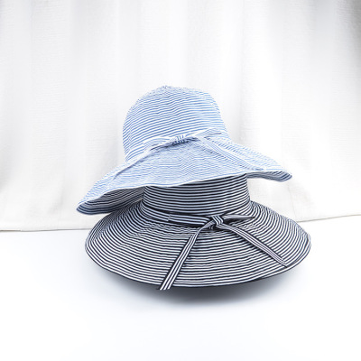 Sun Hat Summer Female Fisherman Hat Foldable Hat Holiday Vacation Striped Cloth Cap Wide Brim Sun Hat