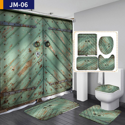 Creative Retro Door Printing Shower Curtain Customized Waterproof Shower Curtain Four-Piece Set Cross-Border Bathroom Curtain Wholesale Recruitment Agent