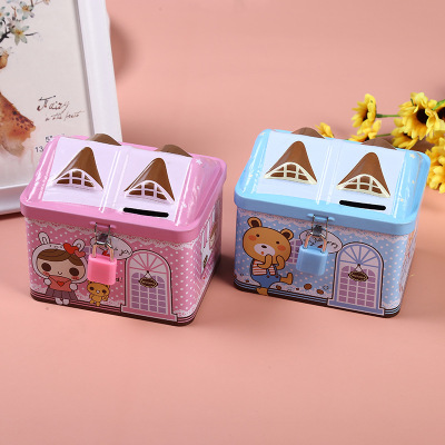Korean Cartoon Cute House Piggy Bank with Lock Tinplate Private Treasure Box Children's Toy Storage Box