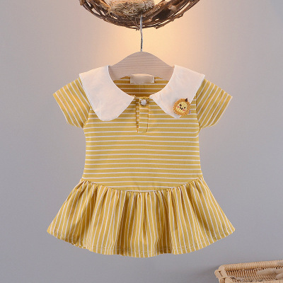 2021 Short Sleeve Girl Baby Cute Stripes Dress Korean Style Cartoon Lapel Dress for Infants and Children Fashion