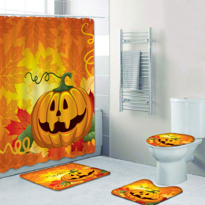 Halloween Shower Curtain Horror Series Cross-Border Hot Selling Super Waterproof and Mildew-Proof Bathroom Shower Curtain Four-Piece Set Factory Direct Supply