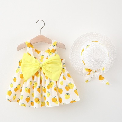 Foreign Trade 2021 Summer New Baby Girl's Children Dress Korean Style Girl's Strap Skirt Strawberry Printed Dress with Straw Hat