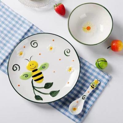 Household Children's Breakfast Cute Hand-Painted Animal Rice Bowl Noodle Bowl Soup Bowl Plate Dish Plate Creative Cutlery Set