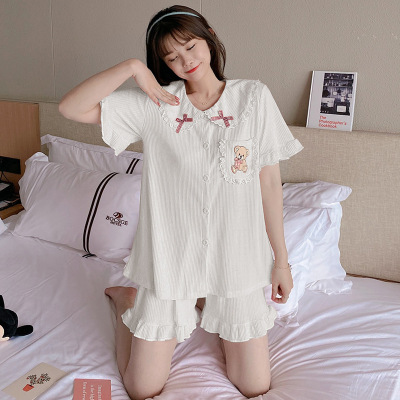 Oh Mi Da Summer New Sweet Doll Collar Bear Embroidery Japanese Homewear Comfortable Cardigan Short Sleeve Pajamas for Women