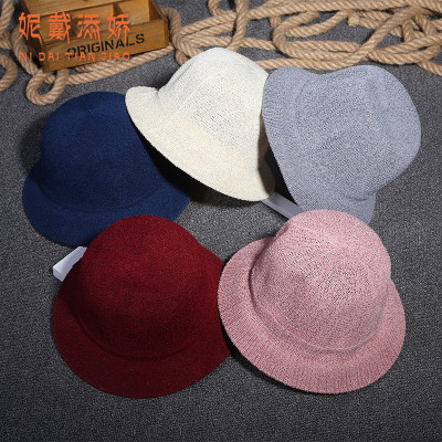 Summer Fashion Wool Monochrome Bucket Hat Sun Protection Sunshade Knitted Folding Korean Style Dome British Hat Female