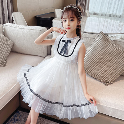 Girls' Summer Dress 2021 New Fashionable Dress Girls' Lady Lace Puff Princess Dress Bow Yarn Skirt