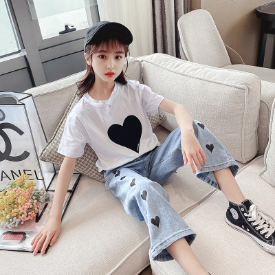 Girls' Suit Summer Love Short-Sleeved T-shirt Jeans Two-Piece Set 2021 New Western Style Wide-Leg Jeans T
