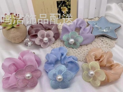 r New Korean Style Organza Large Intestine Hair Ring Embroidery Small Flower Fresh Pastoral Style Simple French Elegant