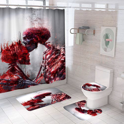 3D Digital Printing Wansheng Skull Polyester Shower Curtain Floor Mat Toilet Mat Toilet Lid Four-Piece Set Customized Products